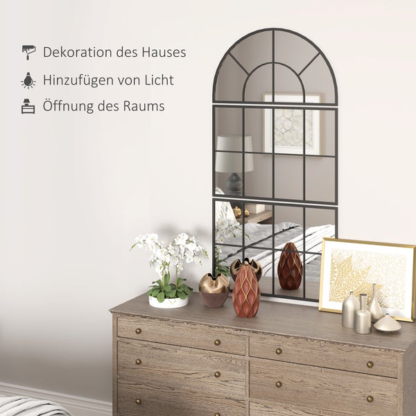 HOMCOM Wandspiegel dreiteilig, bogenförmiger Spiegel mit Metallrahmen, dekorative Fensterspiegel, Hängespiegel für Badezimmer Wohnzimmer Schwarz
