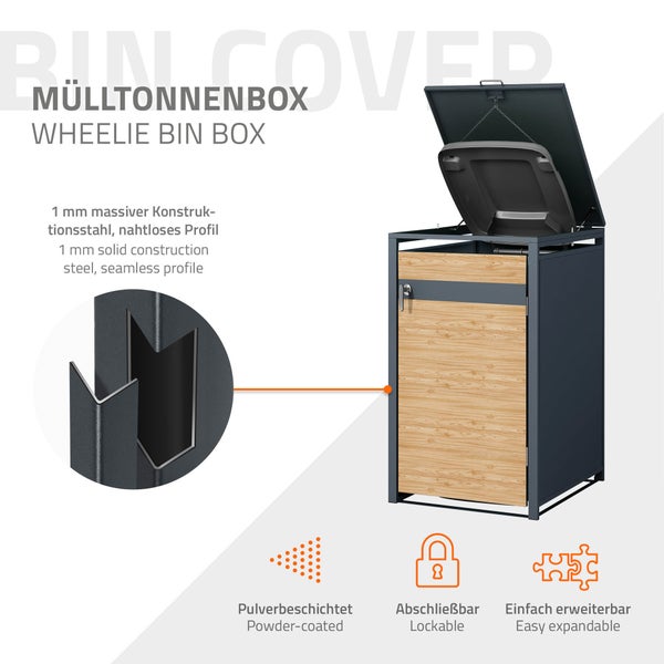 ML-Design Mülltonnenbox 3er 3 Tonnen 240L 200x80x116,3cm Anthrazit-Lärchenoptik Stahl, wetterfest/abschließbar Mülltonnenverkleidung Klappdeckel/3 Türen, Müllbox Mülltonnecontainer Mülltonnenabdeckung