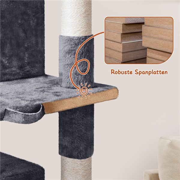 Detailansicht eines Katzenkratzbaums, der robuste Spanplatten zeigt