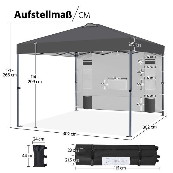 Abbildung des Pavillons mit Maßangaben zu Höhe, Breite und Tiefe, sowie Details zu Gewicht und Packmaß
