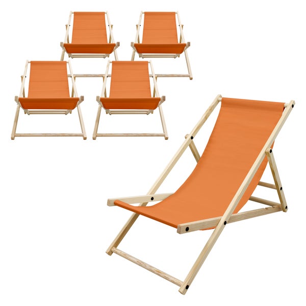 ECD Germany 5er Set Liegestuhl klappbar Orange aus Holz, verstellbare Rückenlehne, 3 Positionen, bis 120kg, Sonnenliege Gartenliege Strandliege Strandstuhl Holzklappstuhl, für Garten, Balkon & Strand