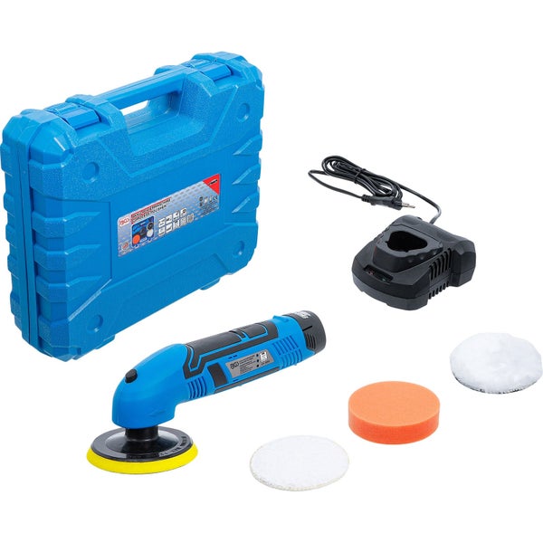 Akku-Polierer-Set im blauen Kunststoffkoffer mit Ladegerät, Polierschwamm, Polierhauben und Stützteller.