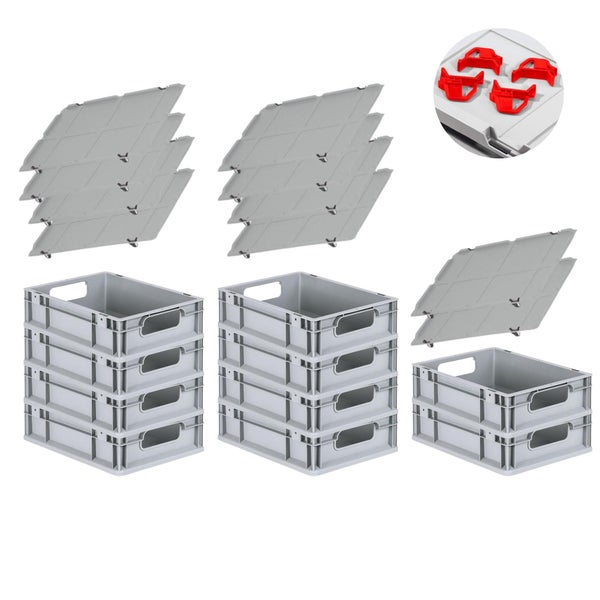PROREGAL Spar Set 10x Eurobox Nextgen Economy Mit Auflagedeckel & 4x Schiebeschnappverschlüsse Rot Griffe Offen HxBxT 12 x 30 x 40 cm 11 Liter