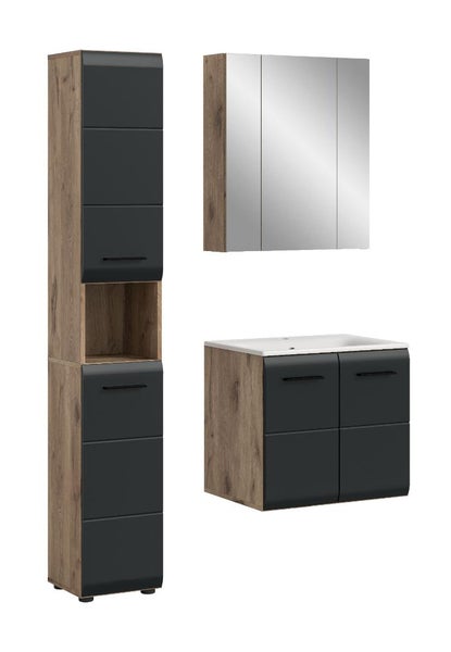 Badezimmermöbel-Set bestehend aus Hochschrank, Waschtischunterschrank mit Waschbecken und Spiegelschrank in Holzoptik mit dunklen Fronten.