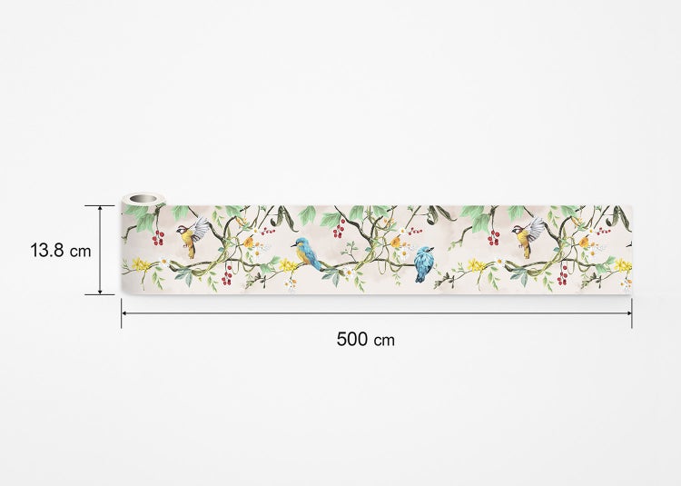 Tapetenbordüre mit Naturmotiv, Vögeln, Zweigen und Beeren, 13,8 Zentimeter hoch und 500 Zentimeter lang.