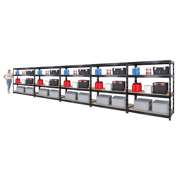 PROREGAL Mega Deal 5x Profi Schwerlastregal Rhino HxBxT 180 x 160 x 60 cm 4 Spanplatten-Ebenen 8mm Fachlast 500 kg Schwarz