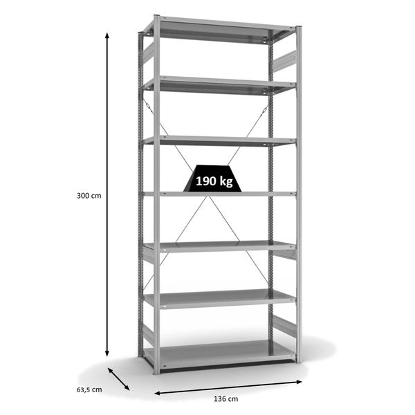 PROREGAL Fachbodenregal Stecksystem T-Profil Light-Duty Grundregal HxBxT 300 x 130 x 60 cm 7 Ebenen Fachlast 190 kg Einseitig Nutzbar Verzinkt