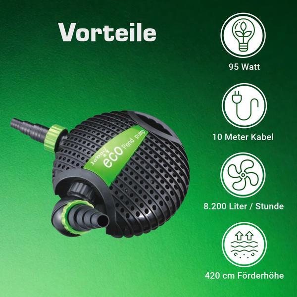 Jebao eco Teichpumpe mit 95 Watt, 10 Meter Kabel, 8200 Litern pro Stunde Förderleistung und 420 Zentimetern Förderhöhe.