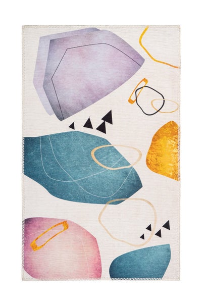 Moderner Teppich mit abstraktem Muster aus lila, türkisen, gelben und rosa geometrischen Formen.