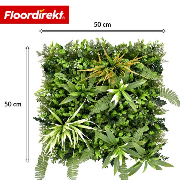 Künstliche Pflanzenwand von Floordirekt, quadratisch, mit verschiedenen Blattarten wie Farnen und Gräsern, Maße 50 Zentimeter mal 50 Zentimeter. Floordirekt Logo.