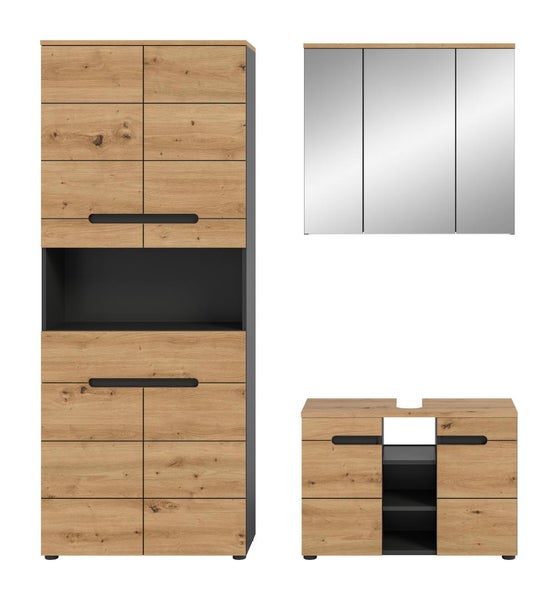 Badezimmermöbel-Set bestehend aus Hochschrank mit offenem Fach, Spiegelschrank und Waschbeckenunterschrank in Eichenoptik und Anthrazit.