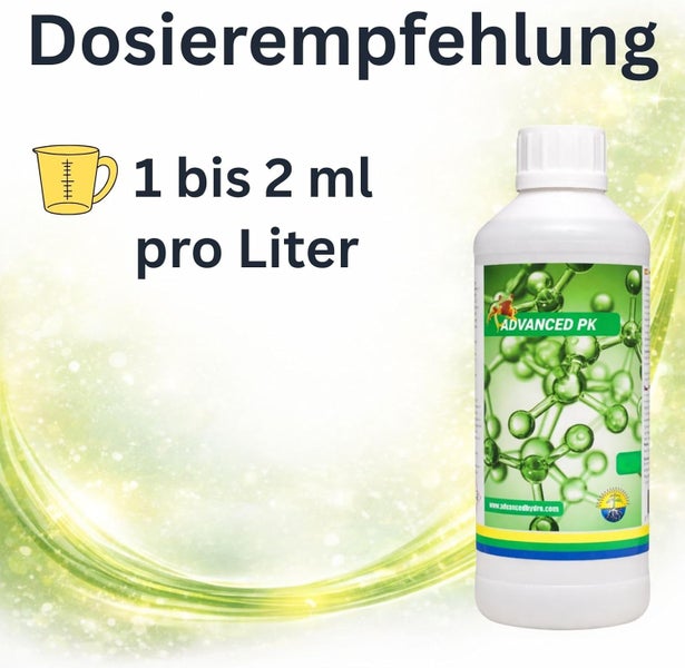 Dosierempfehlung für Advanced PK Pflanzendünger: 1 bis 2 Milliliter pro Liter.