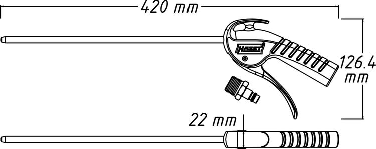 Hazet Ausblaspistole mit Maßangaben: Länge 420 Millimeter, Höhe 126,4 Millimeter und Breite 22 Millimeter.