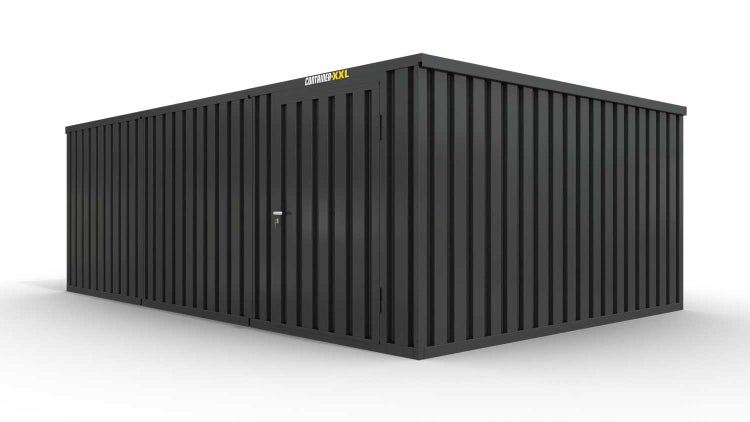 Lagercontainer Gerätehaus L3  – 25 qm, H2150 x B4050 x T6520 mm, Außenwandlackierung anthrazit, Dach außen verzinkt, mit Holzfußboden, 1270 mm Einflügeltür mittig in Modul D, montiert