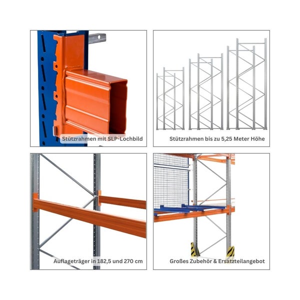 PROREGAL Palettenregal Schraub-Stecksystem T-Profil HxBxT 336 x 570 x 110 cm Fachlast 3000 kg 3 Ebenen Mit 18 Palettenstellplätzen Verzinkt & Orange
