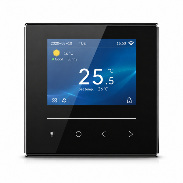 Smartes Thermostat mit digitalem Touchscreen zur Steuerung der Raumtemperatur und WLAN Anbindung