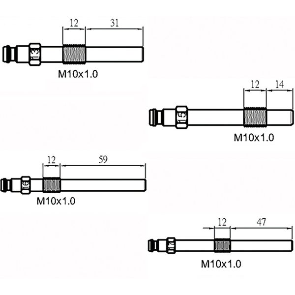 Technische Zeichnung von vier M10x1.0 Adaptern mit Maßangaben