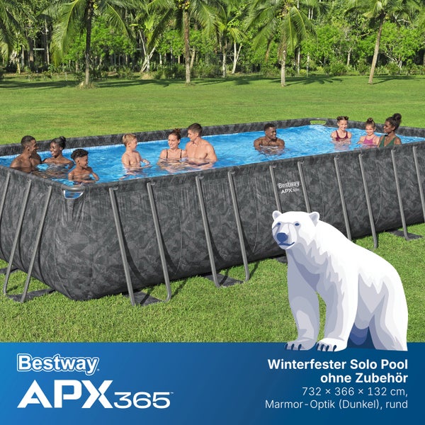 Heller Garten mit Personen im Bestway APX365 Aufstellpool, winterfest, Marmor-Optik dunkel, rechteckig, 732 mal 366 mal 132 Zentimeter, solo.