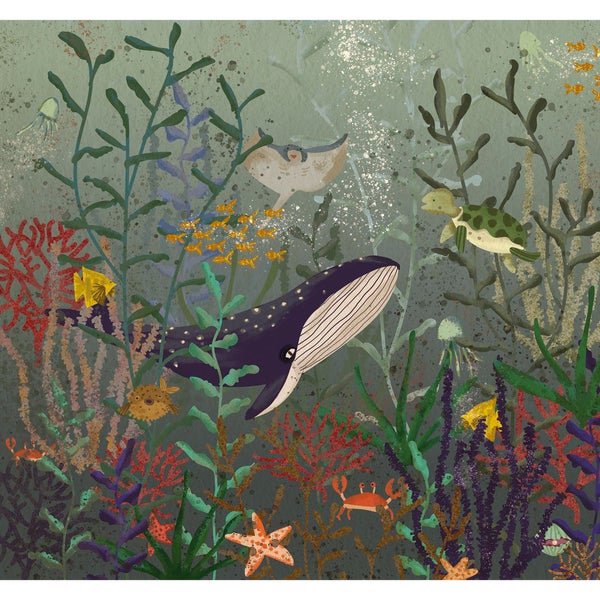 Illustration einer Unterwasserwelt mit Wal, Rochen, Schildkröte und Fischen