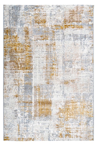 Rechteckiger Teppich mit abstraktem Vintage-Muster in Grau, Gold und Weiß.