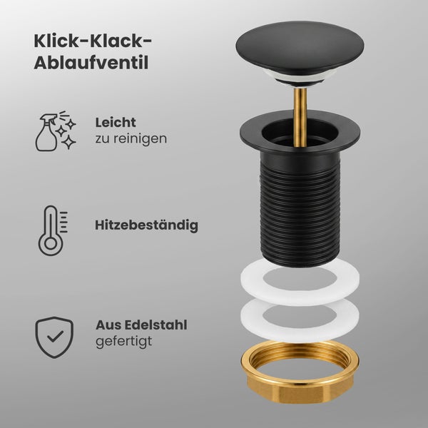 Klick-Klack-Ablaufventil aus Edelstahl für Waschbecken, leicht zu reinigen und hitzebeständig.