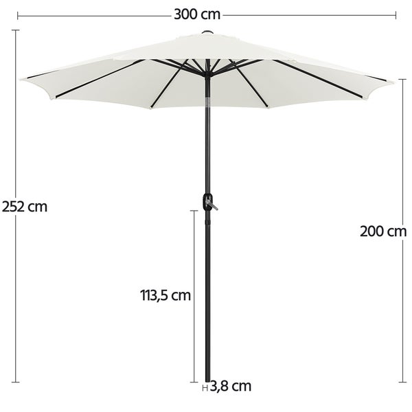 Sonnenschirm mit Kurbel in Creme, Durchmesser 300 Zentimeter, Höhe 252 Zentimeter, Durchgangshöhe 200 Zentimeter, Mastdurchmesser 3,8 Zentimeter.