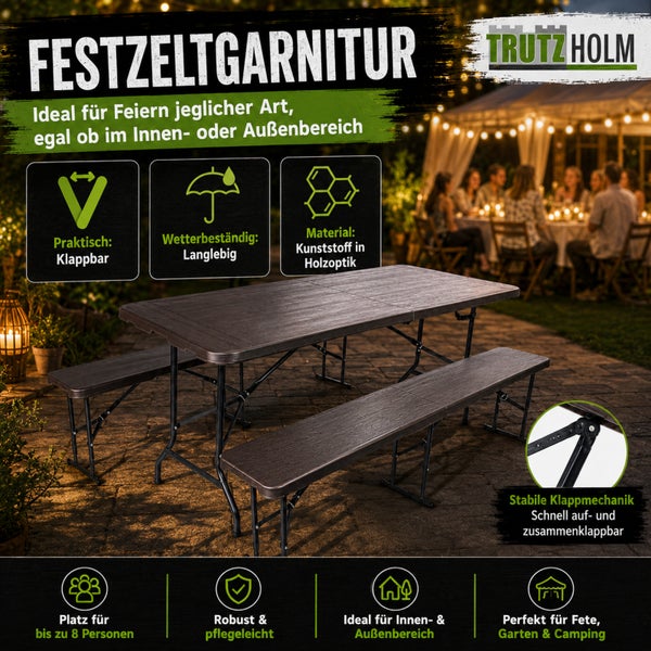 Trutz Holm Festzeltgarnitur mit klappbarem Tisch und zwei Bänken aus wetterbeständigem Kunststoff in Holzoptik für den Innen und Außenbereich.