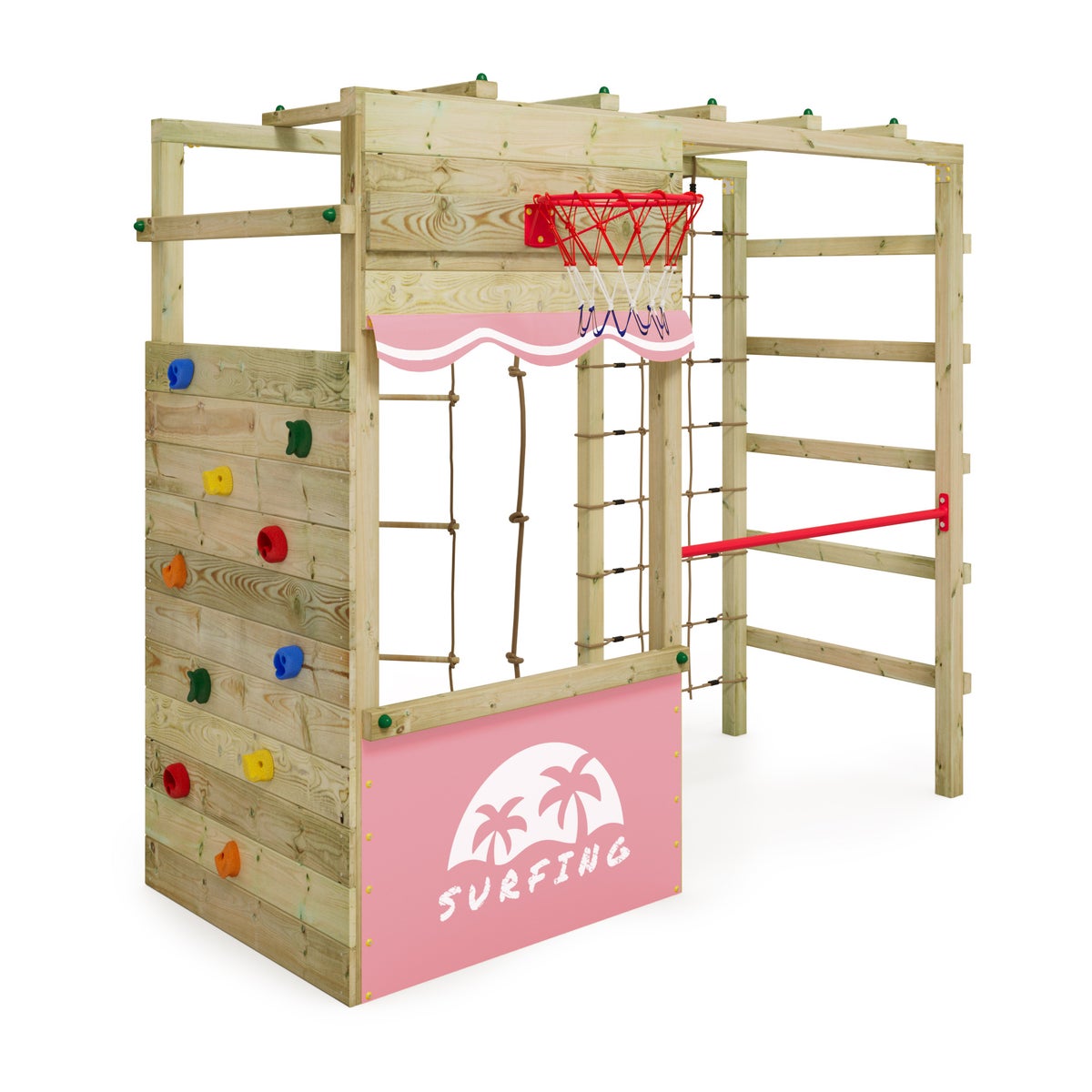 WICKEY Klettergerüst Spielturm Smart Action Gartenspielgerät mit Kletterwand und Spiel-Zubehör – pastellpink