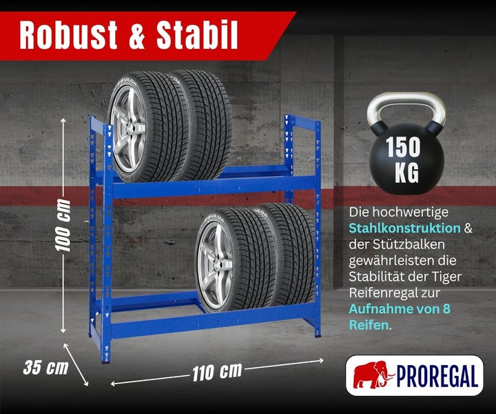 Reifenregal Tiger von PROREGAL aus Stahl, Maße 100 mal 110 mal 35 Zentimeter, Tragkraft 150 Kilogramm für 8 Reifen. PROREGAL Logo.