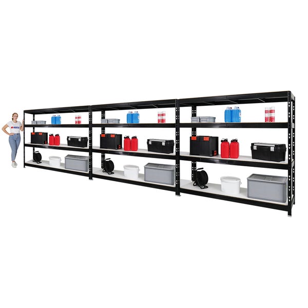 PROREGAL Mega Deal 3x Profi Schwerlastregal Rhino HxBxT 180 x 200 x 60 cm 4 Melamin-Ebenen 16mm Fachlast 500 kg Schwarz