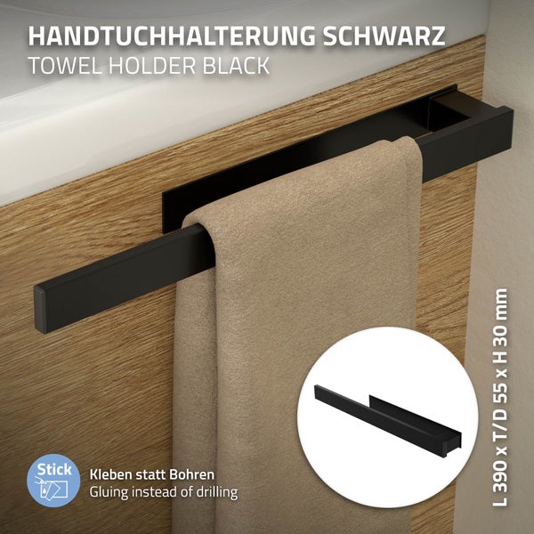 ML-Design Handtuchhalter ohne Bohren 39 cm, Schwarz, aus Stahl, Wandmontage, Badetuchhalter, Handtuchstange Wand zum kleben für Bad & Küche, Modernes Design, Wandhalter selbstklebend für Handtücher