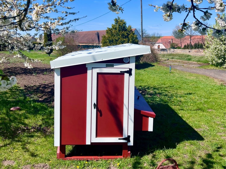 Frau und Kind mit Huhn vor einem roten Hühnerstall aus Holz im hellen Garten.