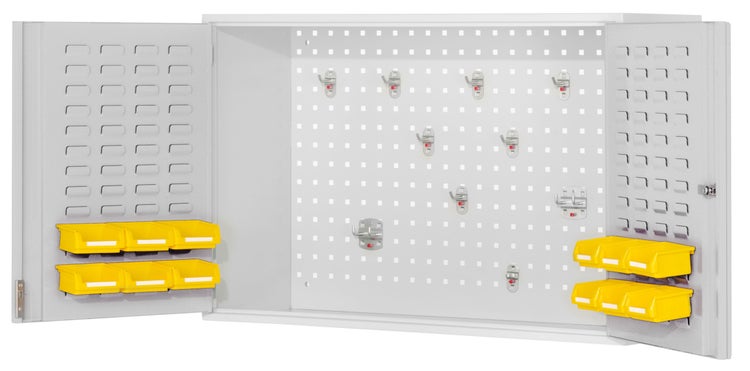 Werkzeugschrank mit Lochwand, Haken und Sichtlagerkästen für Werkstattorganisation
