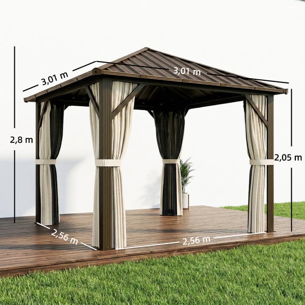Gartenpavillon mit Metalldach, Vorhängen und Insektenschutz, inklusive Esstisch und Stühlen aus Holz für sechs Personen.