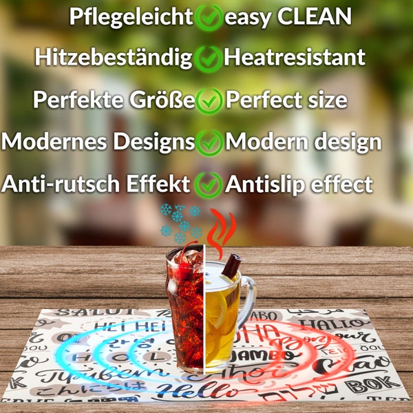 Hitzebeständiges, pflegeleichtes Tischset mit Grüßen in verschiedenen Sprachen, geeignet für Heiß- und Kaltgetränke, mit Anti-Rutsch-Effekt.
