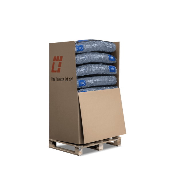Palette mit Galamio Hackschnitzel, mehrere Säcke zu je 60 Liter in einer Kartonverpackung.