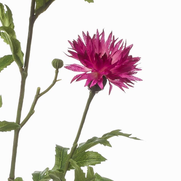 Künstliche Kornblume in Pink mit grünem Stiel und Blättern.