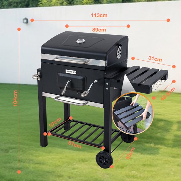 BELONID Holzkohlegrill mit Deckel, Grillfläche: 56×42.5 cm, Höhenverstellbare Kohlenwanne, Faltbarer Seitentisch, Mit Grillabdeckungen Wasserfest