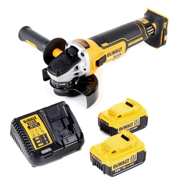 DeWalt Akku-Winkelschleifer mit zwei Akkus und Ladegerät.