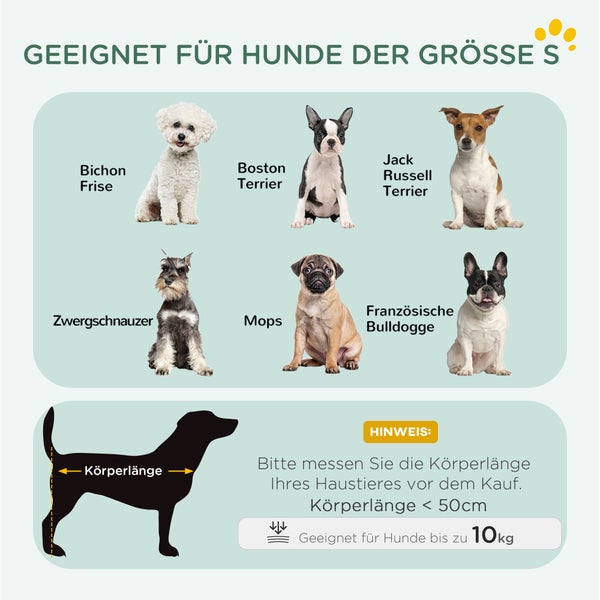 Infografik zur Hundegröße S mit Rassen wie Mops und Französischer Bulldogge. Körperlänge unter 50 Zentimeter, Gewicht bis 10 Kilogramm.