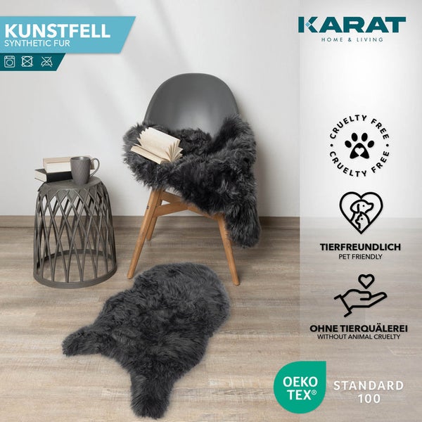 Dunkelgraues Kunstfell als Teppich und Überwurf, Karat Home and Living Logo, OEKO-TEX Standard 100, tierfreundlich und ohne Tierquälerei.