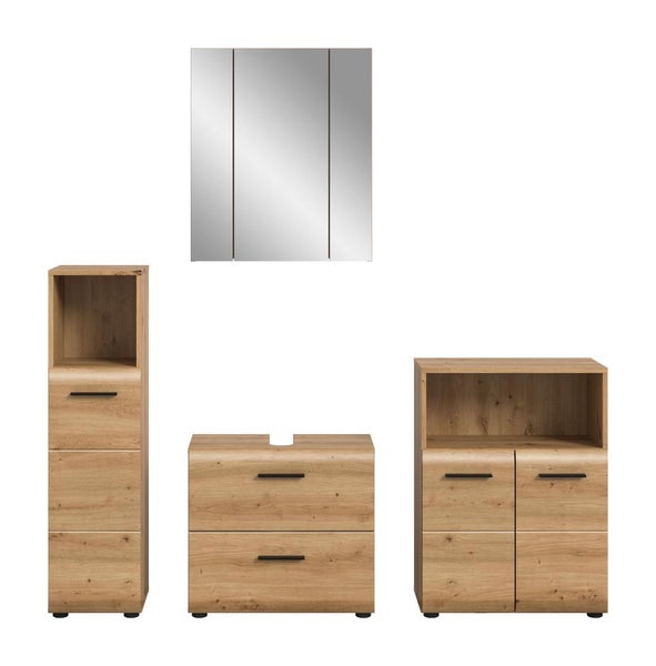 Badezimmermöbel-Set in Eichenoptik bestehend aus Spiegelschrank, Hochschrank, Waschbeckenunterschrank und Midischrank mit schwarzen Griffen.