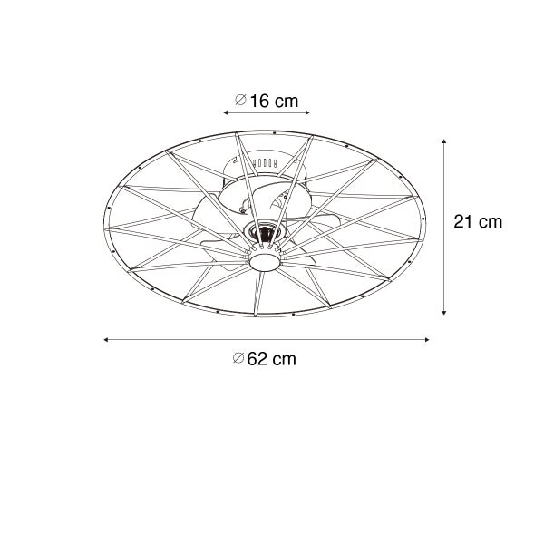 Technische Zeichnung eines Deckenventilators: Gesamtdurchmesser 62 Zentimeter, Höhe 21 Zentimeter und Montagedurchmesser 16 Zentimeter.
