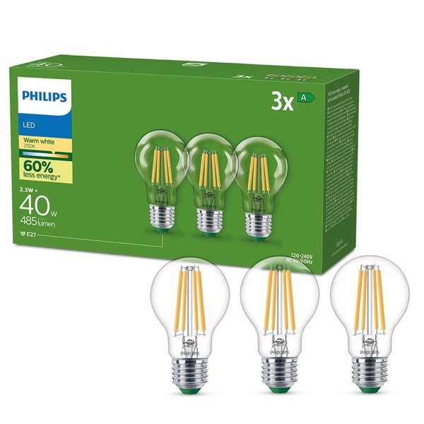 Philips Ultra Efficient LED Filament Lampe E27 Birne - A60 2,3W 806lm 2700K Dreierpack