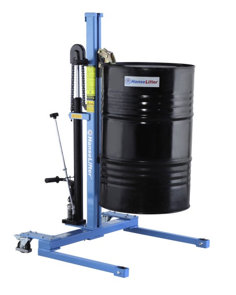 HanseLifter Fasslifter aus blauem Stahl mit Hydraulikpumpe und einem schwarzen Metallfass.