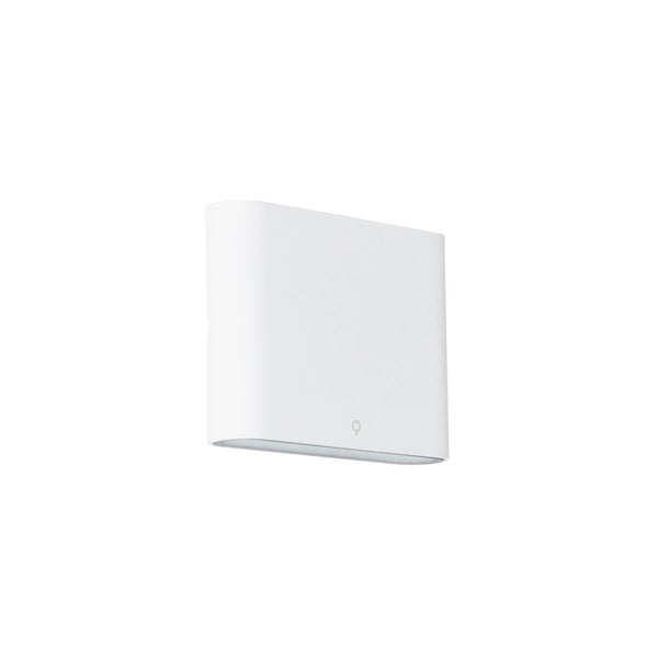 Weiße, rechteckige Wandleuchte für den Außenbereich mit abgerundeten Kanten.