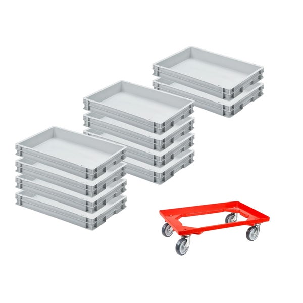 PROREGAL SparSet 10 x Eurobehälter Mit Geschlossenem Griff und 1 x Transportroller Rot HxBxT 7,5 x 40 x 60 cm 15 Liter Eurobox Transportbox