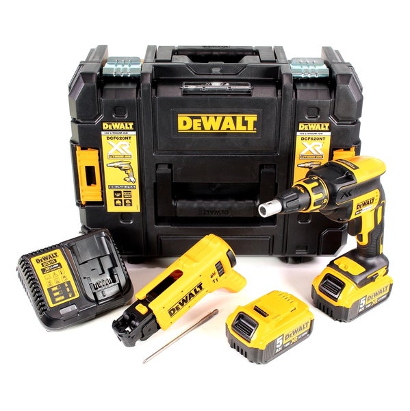 DeWalt Akku-Trockenbauschrauber Set inklusive Transportkoffer, Ladegerät, 18 Volt Akku, Magazinvorsatz und Schraubbit.