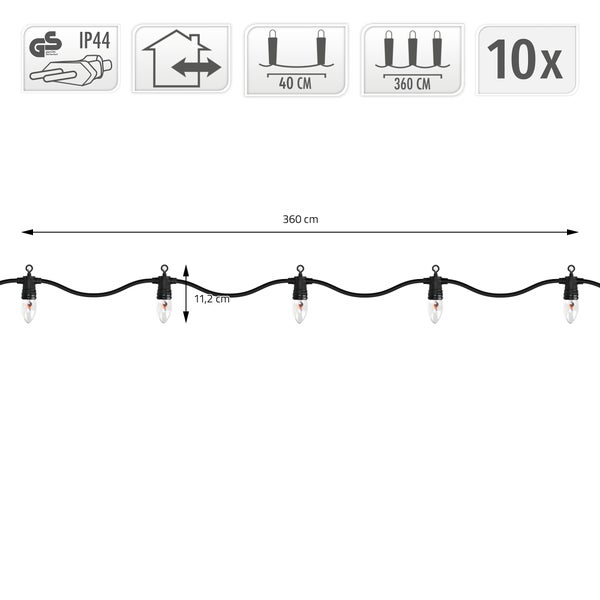 ECD Germany Lichterkette mit Flammeneffekt 360 cm, 10 Glühbirnen, Warmweiß, E14 Fassung, Strom, Wetterfest IP44 Innen/Außen, Weihnachtsbeleuchtung Deko Beleuchtung für Weihnachten, Halloween & Balkon