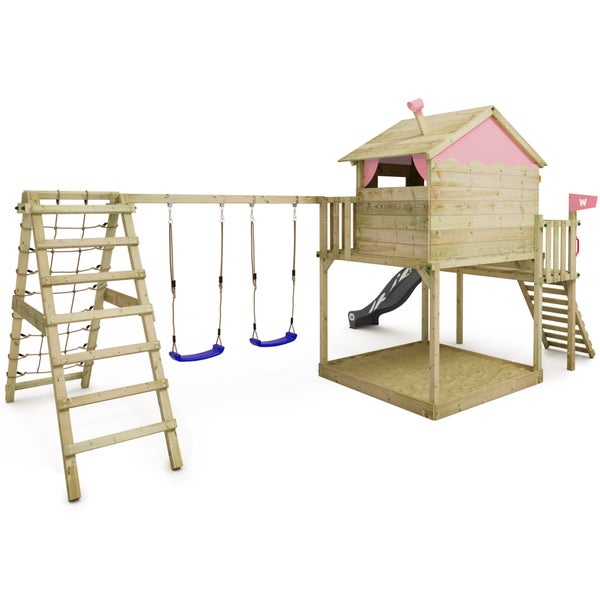 WICKEY Spielturm Klettergerüst Smart Ocean mit Schaukel und Rutsche, Stelzenhaus mit Sandkasten, Kletterleiter und Spiel-Zubehör – pastellpink